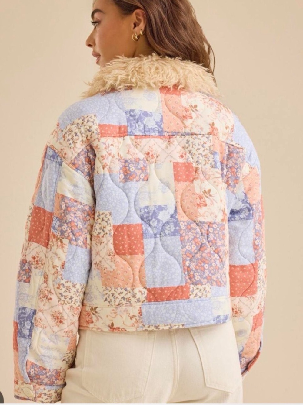 Floral Patchwork Quilted Jacket with Faux-Shearling Collar - Cream & Coral - Picture 4 of 6